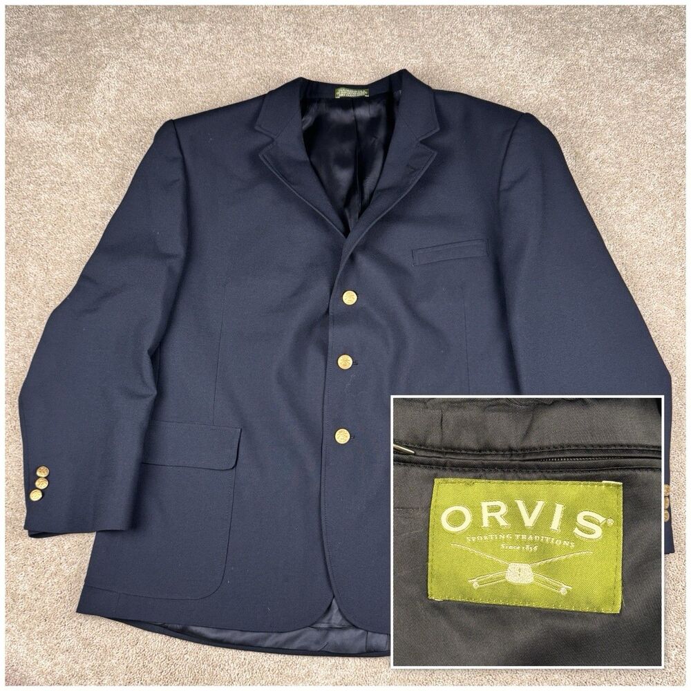 Orvis Hopsack Blazer Men's 50R Navy Blue Gold 3 Buttons VTG Vintage MADE IN USA